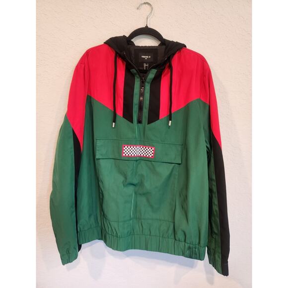 Forever 21 Men’s Windbreaker Hoodie Large Colorblock Green Red Black Half Zip... - Picture 1 of 7